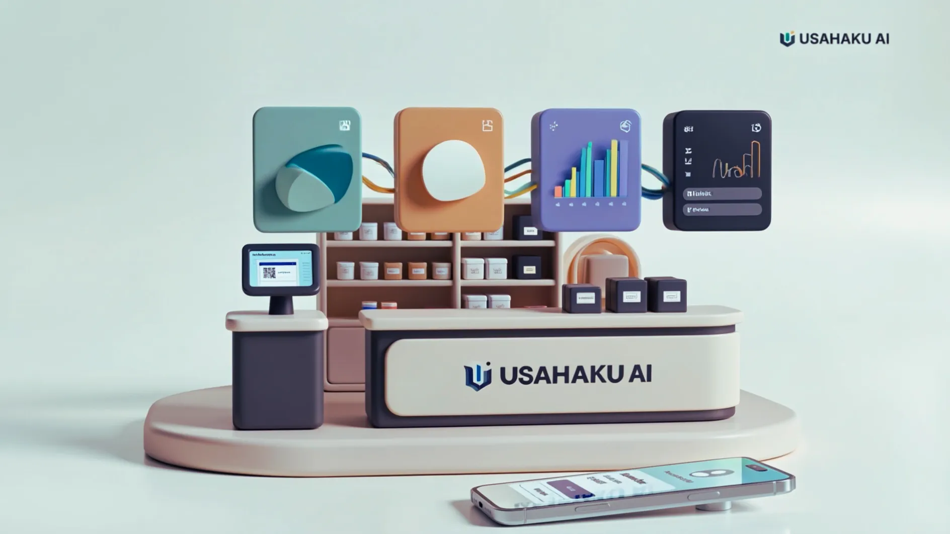 Ilustrasi miniatur operasional UMKM dengan alur data kasir, stok, pelanggan, dan laporan.